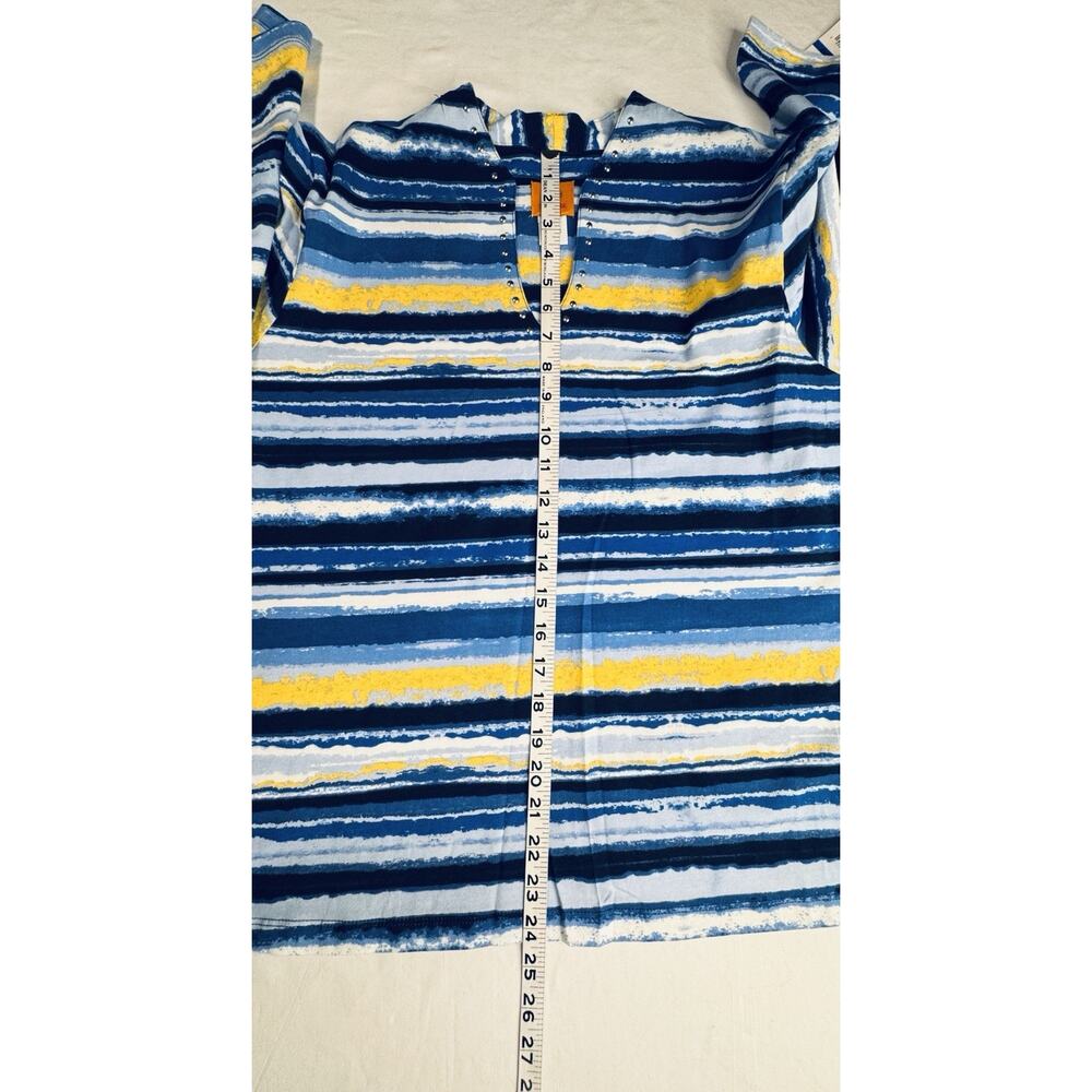 Ruby Rd XL Top Blue Yellow Stripe 3/4 Sleeve V-neck Silver Studs Runs Small - Picture 10 of 11